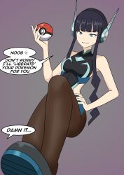 absurdres altered_common_sense antenna assertive_sub black_hair blue_eyes clefla corruption dialogue elesa_(pokemon) empty_eyes enemy_conversion english_text evil_smile femsub hand_on_hip headphones heart looking_at_viewer nintendo pantyhose pokeball pokemon pov simple_background smile speech_bubble standing stepped_on team_plasma text tight_clothing very_long_hair
