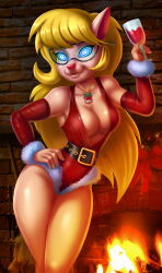  14-bis arm_warmers bangs bare_shoulders bell belt blonde_hair blue_eyes callie_briggs cat_girl christmas cleavage female_only femsub furry glass glasses happy_trance hypnotic_accessory large_breasts long_hair necklace santa_costume smile solo spiral_eyes standing story swat_kats symbol_in_eyes thighs western wine 