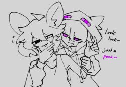  ahoge aurora_(skecchyartist) bunny_boy bunny_ears chin_hold collarbone enderman femdom grey_background heterochromia hoodie hypnotic_eyes minecraft original purple_eyes resisting short_hair simple_background sweat text woot woot_(woot) 