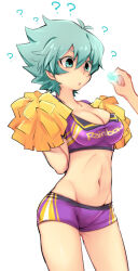 blue_eyes blue_hair breasts cheerleader cleavage empty_eyes female_only femsub large_breasts manip open_mouth original short_shorts shorts solo tank_top tiechonortheal_(manipper)