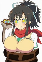 ai_art asuka_(senran_kagura) brown_hair coils disney femsub hair_ribbon happy_trance kaa kaa_eyes large_breasts maledom ponytail school_uniform senran_kagura simple_background the_jungle_book