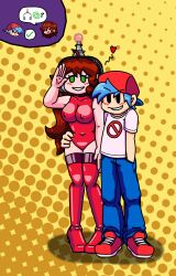  antenna black_eyes blue_hair blush boyfriend_(friday_night_funkin') brown_hair consensual erect_nipples_under_clothes fembot femsub friday_night_funkin' girlfriend_(friday_night_funkin') happy_trance hat headphones high_heels jeans latex long_hair maledom robotization saluting short_hair simple_background spiral_eyes spiralwash_eyes supertechno324 swimsuit tech_control thigh_boots 