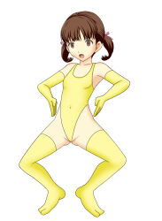  angry brown_hair gloves haigure leotard loli nanako_dojima open_mouth opera_gloves persona_(series) persona_4 simple_background spread_legs thighhighs twintails unhappy_trance 