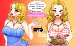 absurdres altered_common_sense apron before_and_after blonde_hair blush breasts cleavage dialogue domestication earrings empty_eyes english_text femsub food haley_(stardew_valley) happy_trance housewife jewelry large_breasts long_hair looking_at_viewer necklace porniky pov speech_bubble stardew_valley stepfordization text tray