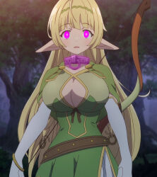 blonde_hair breasts cleavage collar drool elf elf_ears expressionless female_only femsub glowing glowing_eyes how_not_to_summon_a_demon_lord huge_breasts hypnolordx_(manipper) hypnotic_accessory long_hair manip open_mouth pink_eyes shera_l._greenwood