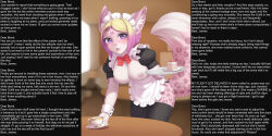  blonde_hair breasts caption cat_girl clothed_exposure cristalavi female_only femsub furry hypnotic_drink jjmayoboy_(manipper) leopard_girl maid maid_headdress maledom manip open_mouth pink_hair purple_eyes short_hair tagme text thighhighs tray 