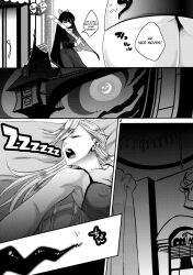 amatake_akewo comic earrings greyscale jewelry long_hair night open_mouth panty panty_and_stocking_with_garterbelt parasite short_shorts sleeping stocking sword tentacles text