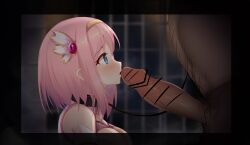 age_difference blue_eyes blush censored cleavage collar erection femsub gloves hair_ornament kneeling maledom opera_gloves pet_play pink_hair princess_connect! princess_connect!_re_dive puri2xn sex_toy short_hair tears ugly_bastard veins yui_(princess_connect)