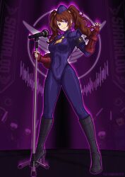  aura boots breasts brown_hair capcom clothed corruption crossover english_text environmental_text evil_smile eye_color_change eyebrows_visible_through_hair femsub fingerless_gloves gloves glowing hat high_heels leotard microphone persona_(series) persona_4 purple_eyes rise_kujikawa shadaloo_dolls shoulder_pads sign signature smile street_fighter text tie tight_clothing twintails victoriamikoto 