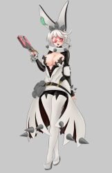 absurdres bracelet breasts bzurrrf cleavage collar collarbone dress drool elphelt_valentine empty_eyes expressionless fake_animal_ears female_only femsub gloves guilty_gear gun hair_band high_heels large_breasts lipstick makeup open_mouth opera_gloves pink_lipstick short_hair simple_background solo standing tagme thigh_boots thighhighs visor weapon white_hair