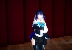  absurdres ass chains cleavage hair_ornament hololive hololive_english honey_select_2 kronii_ouro open_mouth ribbon skirt stage_hypnosis standing underboob veil 