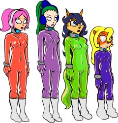 bandicoot_girl blonde_hair bodysuit bracelet breasts carmelita_fox coco_bandicoot collar crash_bandicoot_(series) expressionless female_only femsub fox_girl furry green_hair jewelry latex long_hair pink_hair ponytail pudding shennanigma sly_cooper_(series) small_breasts space_channel_5 standing standing_at_attention ulala whitewash_eyes