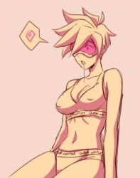 breasts cleavage dazed drool earrings electrickronos environmental_text erect_nipples female_only femsub goggles jewelry midriff monochrome navel open_mouth overwatch short_hair sitting solo spiral tech_control text tracer underwear visor