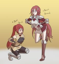  armor boots bow_tie chicken_pose cordelia_(fire_emblem_awakening) female_only femsub fire_emblem fire_emblem_awakening gradient_background hair_ornament humor mythkaz nintendo open_mouth ponytail red_eyes red_hair severa_(fire_emblem) simple_background spiral_eyes squatting symbol_in_eyes text very_long_hair 