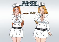 black_eyes bleach blue_eyes cleavage clothed corruption dialogue doggos_doujins drool enemy_conversion english_text femsub heart heart_eyes long_hair multiple_girls multiple_subs orange_hair orihime_inoue pepe_waccabrada rangiku_matsumoto simple_background symbol_in_eyes text white_background
