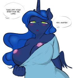  asadama_(colorist) blue_hair blush breasts femsub furry glacierclear horns horse_girl large_breasts long_hair my_little_pony open_mouth princess_luna spiral_eyes symbol_in_eyes text undressing undressing_command western wings 
