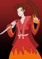 absurdres brown_hair dungeons_and_dragons flat_chest kaelin_yamamura_(the_mystic_mage) kimono long_hair magic original ponytail red_eyes solaris_(zombifier) weapon zombifier