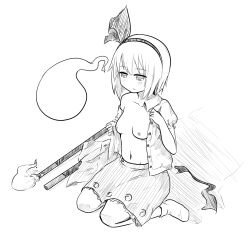 blush breasts breasts_outside dazed dress empty_eyes etlabsotwe expressionless female_only femsub greyscale large_breasts open_clothes open_mouth open_shirt ribbon short_hair sitting sketch skirt small_breasts sword topless touhou undressing youmu_konpaku