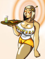  antenna breasts brown_hair cleavage crazycowproductions femsub glowing glowing_eyes hooters large_breasts original short_hair tech_control text tray 