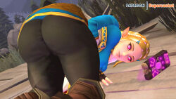  3d absurdres all_fours ass ass_focus blonde_hair breasts breath_of_the_wild elf elf_ears empty_eyes female_only femsub glowing glowing_eyes happy_trance huge_ass hypnotic_screen large_ass large_breasts leggings legs looking_at_viewer looking_back nintendo pink_eyes princess princess_zelda source_filmmaker spiral supercasket the_legend_of_zelda thick_thighs top-down_bottom-up 