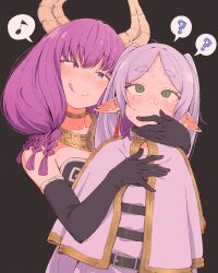 aura_(frieren:_beyond_journey's_end) blush braid confused demon_girl earrings eito12 elf elf_ears female_only femdom femsub frieren frieren:_beyond_journey's_end gloves horns long_hair pink_hair ring_eyes smile tongue twintails white_hair