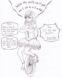 alisaie_leveilleur alphinaud_leveilleur alternate_costume angry bare_shoulders breasts cleavage clown clown_girl crossed_arms dialogue english_text femsub final_fantasy final_fantasy_xiv gaia_(final_fantasy_xiv) high_heels jesturia monochrome ryne simple_background speech_bubble spiralwash_eyes square_enix tagme text tutu very_long_hair white_background