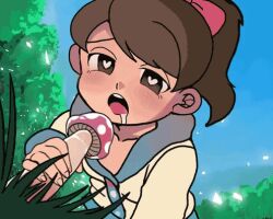  animated animated_gif blush breasts brown_hair drool female_only femsub heart heart_eyes hypnotic_gas katie_forester loli mushroom open_mouth pheromones sexually_suggestive simulated_handjob symbol_in_eyes tongue tongue_out youkai_watch 