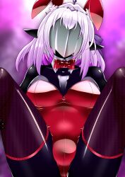 absurdres breasts bunny_ears bunny_girl bunnysuit castorice_(honkai_star_rail) collar crossover elf_ears faceless fake_animal_ears honkai_star_rail hypnotic_mask jewelry latex leotard mask persona_(series) persona_5 pink_hair possession radeon ribbon shadow_bunny sitting thighhighs 