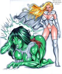 all_fours blonde_hair breasts emma_frost female_only femdom femsub green_hair hypnotized_hypnotist long_hair manip marvel_comics muscle_girl orvilleart she-hulk super_hero tears text torn_clothes western white_queen whitewash_eyes x-men