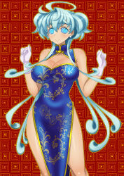 absurdres ahoge blue_hair blush breasts cagliostro_(symphogear) china_dress cleavage earrings female_only femsub gloves glowing glowing_eyes happy_trance jewelry large_breasts large_hips long_hair looking_at_viewer manip misterman4_(manipper) senki_zesshou_symphogear smile spiral_eyes symbol_in_eyes tagme twintails