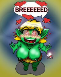  blonde_hair blush crazycowproductions drool dungeons_and_dragons femsub glowing_eyes goblin goblin_girl happy_trance large_breasts love_potion pathfinder text topless 