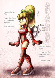  ameerashourdraws blonde_hair boots bow breasts capcom empty_eyes fembot femsub gloves green_eyes happy_trance latex mantra megaman_(series) roll tagme text thigh_boots wind-up_key 