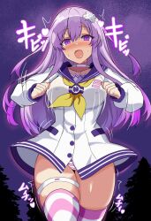  blush bouncing_breasts breasts chicken_dance chicken_pose collarbone empty_eyes femsub hairpin happy_trance hyperdimension_neptunia japanese_text large_breasts long_hair looking_at_viewer mochi_dance nepgear open_mouth purple_eyes purple_hair smile solo stiris_rangetsu striped_panties sweat thighhighs 