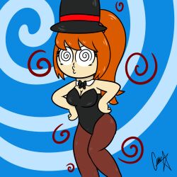  breasts bunnysuit chicken_dance chicken_pose choker cleavage clothed female_only femsub hat long_hair orange_hair original pantyhose shyker soropin spiral spiral_background spiral_eyes symbol tight_clothing 
