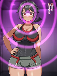 black_hair blush breasts detritus empty_eyes glowing huge_breasts japanese_text nintendo open_mouth pokemon pokemon_omega_ruby_and_alpha_sapphire ponytail red_eyes short_hair shorts surprised tan_skin text tight_clothing translation_request zinnia