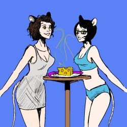 animal_ears black_hair breasts brown_hair cleavage dress female_only femsub glasses happy_trance hypnostink hypnotic_food kaa_eyes large_breasts midriff mouse_girl multiple_girls original ring_eyes short_hair simple_background sisters smell standing table tail tank_top
