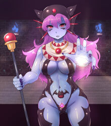 alternate_color_scheme alternate_costume alternate_form blue_skin cleavage corruption demon_girl dragon_quest_(series) dragon_quest_ii facial_markings female_only femsub flame glowing hat large_breasts magic magic_shop midriff nail_polish navel princess princess_of_moonbrok purple_hair red_eyes solo square_enix staff thighs very_long_hair