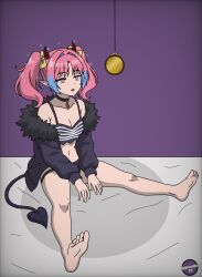  bare_legs bare_shoulders barefoot blue_hair bow breasts choker cleavage clothed demon_girl empty_eyes femsub horns hypnobot771 legs midriff miltie_zebel mistress_kanan_is_devilishly_easy multicolored_hair navel pendulum pink_hair purple_background short_hair simple_background sitting solo sparkle spiral symbol tail 