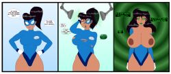  before_and_after blueshift_(polmanning) breast_expansion breasts dialogue female_only femsub leotard nipples original ponytail spiral_eyes standing_at_attention tagme text thesalazar 