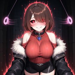 ai_art alternate_form aura blush brown_hair chara_(undertale) coin collar corruption female_only femsub fur_coat glowing_eyes hair_covering_one_eye jacket original pendulum red_eyes red_hair shorts smile solo sweater undertale