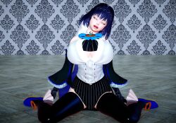  3d blue_hair breasts chains cleavage clothed crossed_eyes dazed empty_eyes eye_roll femsub hair_band hair_ornament heavy_eyelids hololive hololive_english honey_select_2 huge_breasts kneeling kronii_ouro open_mouth pink_eyes ribbon ring_eyes sitting thighhighs veil 