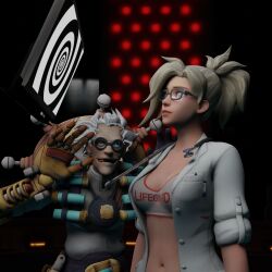 3d absurdres alternate_costume bikini blonde_hair cleavage esccc expressionless femsub glasses gloves humor hypnotic_screen indifferent junkrat large_breasts maledom mercy navel nurse overwatch short_hair standing standing_at_attention tech_control text unaware white_hair 