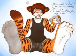 barefoot blue_eyes brown_hair feet foot_focus furry happy_trance looking_at_viewer male_only malesub pov pov_dom sebafox short_hair simple_background socks solo spiral_eyes symbol_in_eyes text tiger_boy tongue tongue_out xfunx