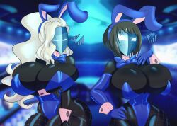  blonde_hair breasts bunny_ears bunnysuit female_only femsub green_hair large_breasts long_hair margaret_(persona) marie_(persona_4) mask mtvoomer multiple_girls multiple_subs persona_(series) persona_4 short_hair 