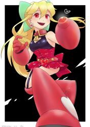 absurdres blonde_hair breasts capcom cleavage collar corruption earrings enemy_conversion fangs femsub hair_ribbon happy_trance jewelry large_breasts megaman_(series) ponytail radeon red_eyes ribbon roll very_long_hair