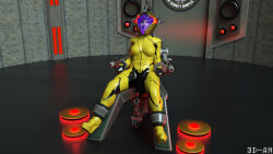 3d armor big_hero_6 black_hair black_lipstick chair cuffs disney expressionless female_only femsub gogo_tomago helmet lipstick rc-renderbolt restrained see-through short_hair sitting solo spiral super_hero watermark