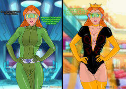  absurdres bodysuit breasts consensual cosplay dr._girlfriend empty_eyes female_only femsub large_breasts latex open_mouth sam supercasket tech_control text thighhighs totally_spies venture_brothers visor western 