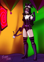 absurdres belt black_hair boots breasts choker cleavage clown clown_girl clownification crossbow dc_comics eye_mask female_only femsub gloves happy_trance huntress hypnotic_screen hypnotized_hypnotist knee-high_boots knife koari_zue leotard lipstick long_hair makeup mask memetic_control opera_gloves pale_skin purple_lipstick red_eyes signature smile solo spiral_eyes spiralwash_eyes standing super_hero symbol_in_eyes weapon western