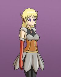 alternate_costume armor blonde_hair breasts clothed ellen_(nobody-kadaj) empty_eyes expressionless femsub gloves mythkaz opera_gloves original purple_background purple_eyes simple_background solo standing very_long_hair
