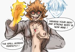  black_clover body_swap breasts femsub ghost laughing magic mereoleona_vermillion nude possession red_eyes text 